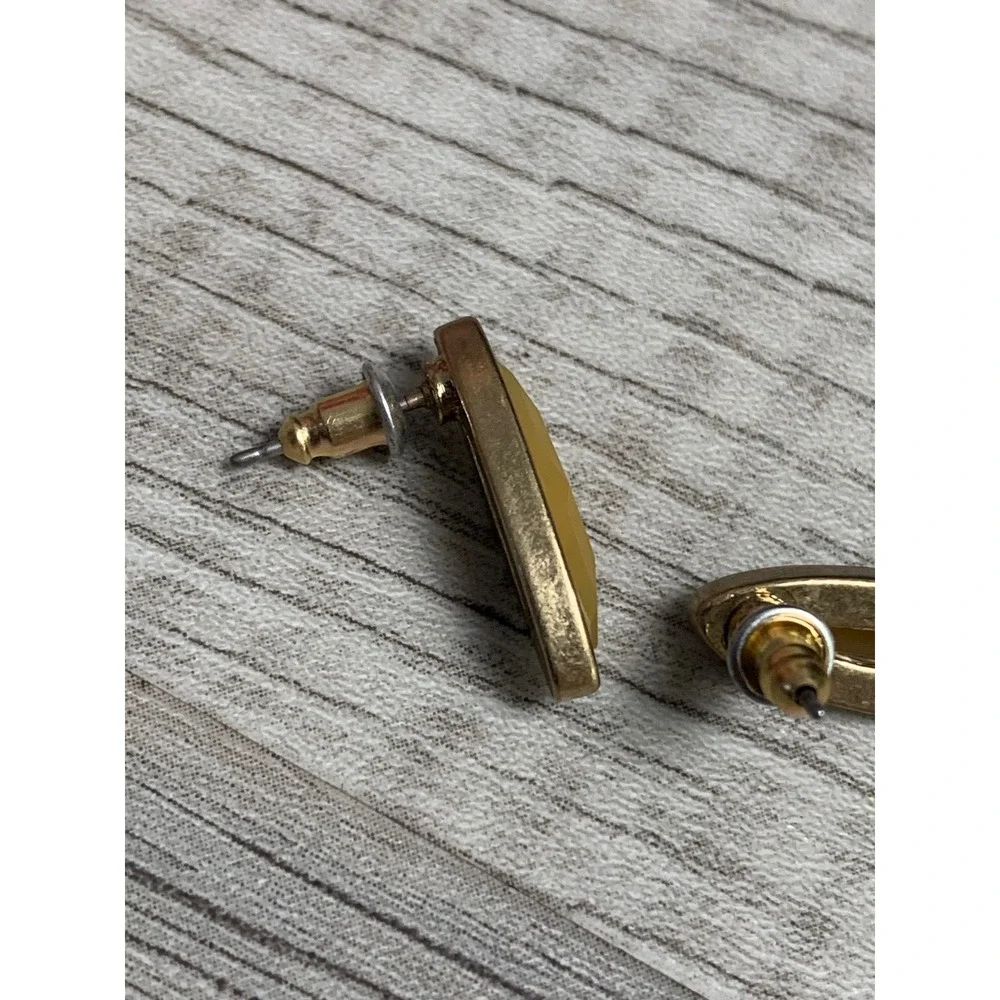 Vintage Gold Tone Marquise Stud Earrings Mustard Yellow Cabochon Minimalist Boho